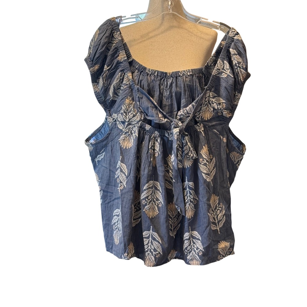 Old Navy Womens 4X Blue White Botanical Leaf Tie Back Flutter Sleeve Top NEW - Picture 2 of 8